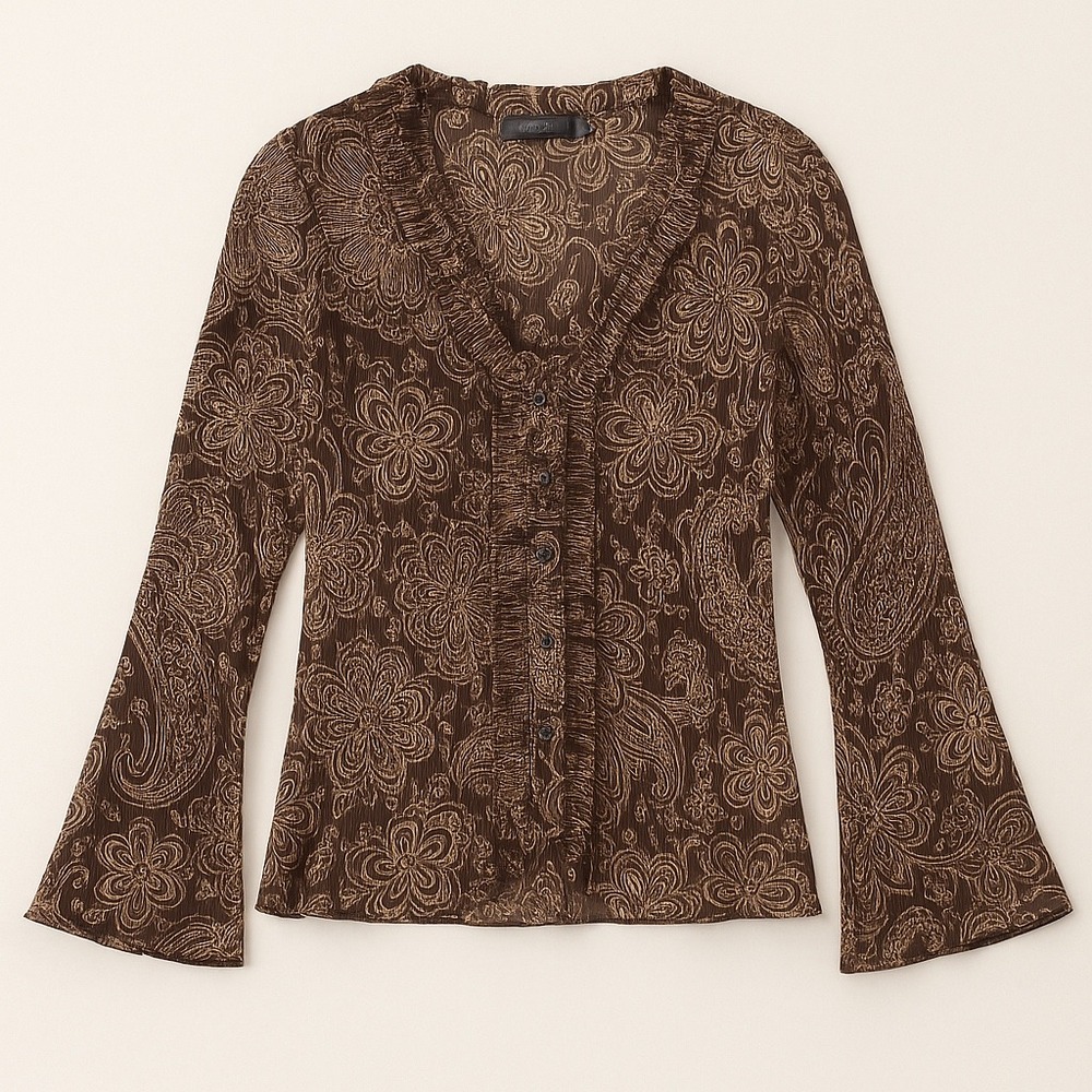 APT.9 Brown Floral Sheer Crinkle Blouse XL Ruffle Forest Fairy Grunge Goblincore